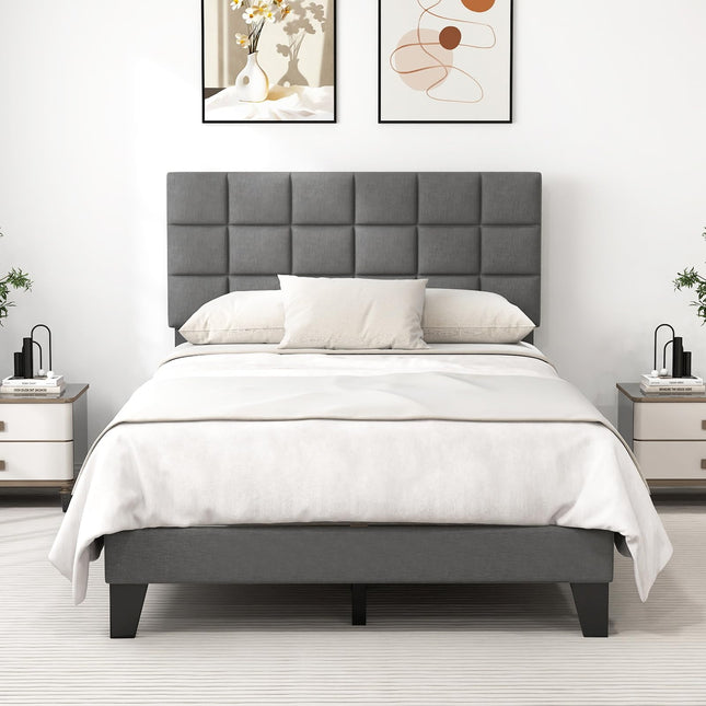 Dreamade Full Size Platform Bed, Linen Fabric Upholstered Bed Frame with Adjustable Headboard & Wooden Slat Support