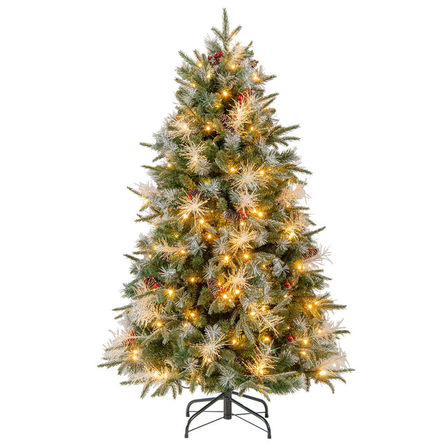 Dreamade 5FT / 6FT / 7FT Pre-Lit Artificial Christmas Tree with LED Lights Pine Cones Berries