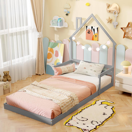 Dreamade Twin Floor Bed for Kids, Wood Montessori Floor Bed with Chimney Headboard & Handrail