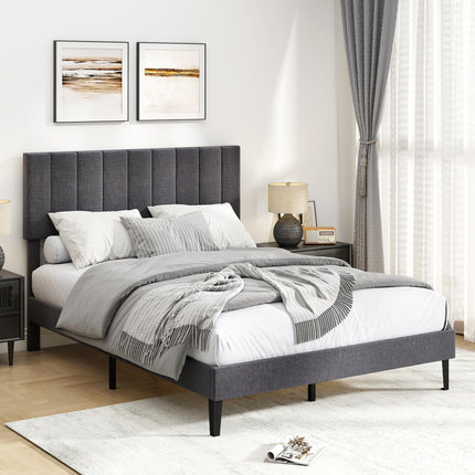 Dreamade Queen/Full/Twin Size Upholstered Bed Frame Platform Bed with Height Adjustable Vertical Channel Headboard