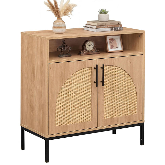 Dreamade 32" Sideboard Buffet Cabinet with 2 Natural Rattan Decorated Doors (1/2)