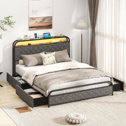 Dreamade Queen/Full/Twin Size Bed Frame with 4 Storage Drawers and Charging Station