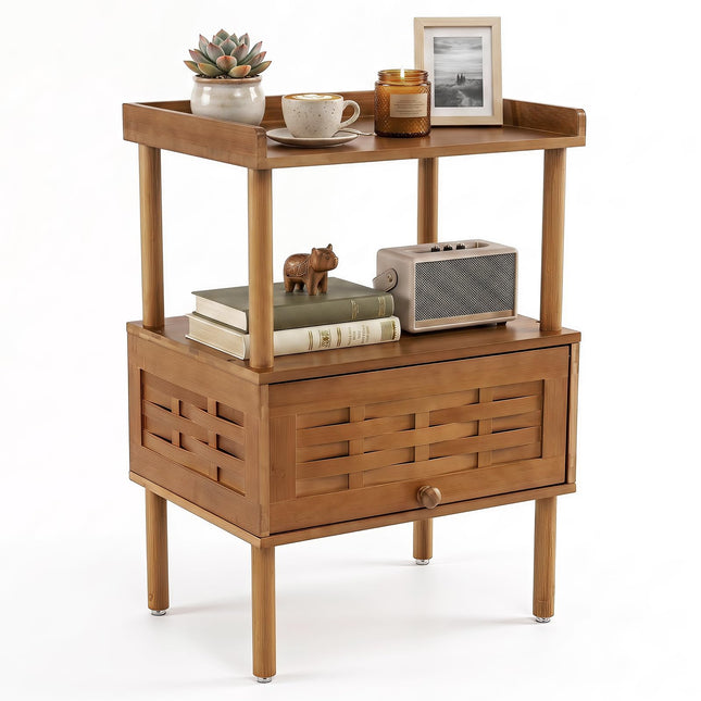 Dreamade Boho Bamboo Rattan Nightstand w/Flip-Up Door & Rasied Edge