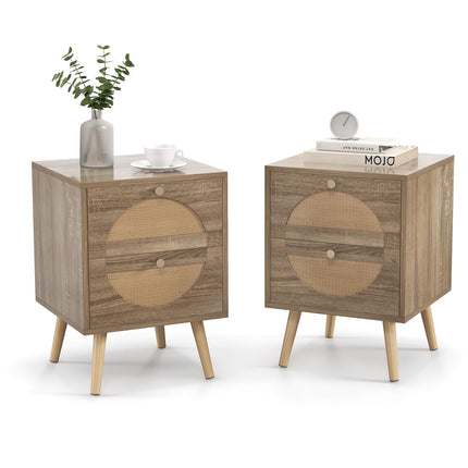 Dreamade Rattan Nightstand Set of 2, Boho Bedside Tables with 2 Rattan Drawers