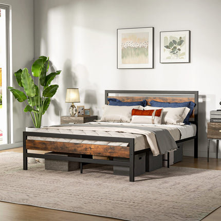 Dreamade Queen Metal Platform Bed Frame with Wooden Headboard & Footboard, Rustic Brown