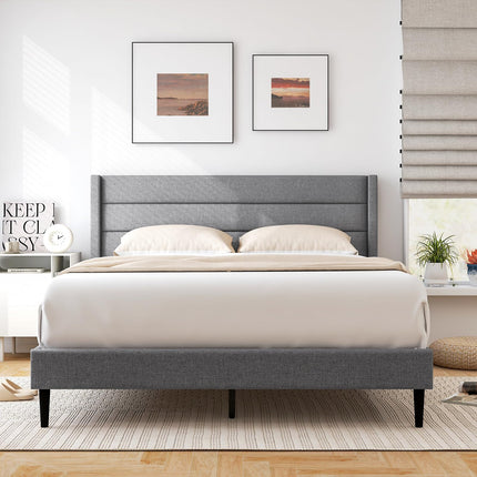 Dreamade Queen/Twin Size Bed Frame, Modern Linen Upholstered Platform Bed with Wingback Headboard