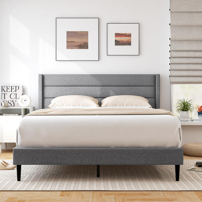Dreamade Queen/Twin Size Bed Frame, Modern Linen Upholstered Platform Bed with Wingback Headboard