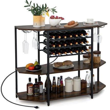 Dreamade Wine Bar Cabinet with Power Outlet, Mini Coffee Bar Stand Table with 21 Bottle Wine Rack & Glass Holders