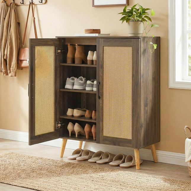 Dreamade Shoe Cabinet with Doors 4-Tier Rattan Shoe Rack Organizer Cabinet(Rattan Door)