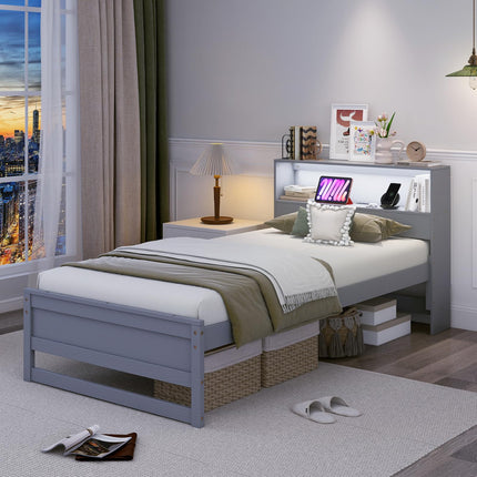 Dreamade Twin Bed Frames with Storage Headboard, Wood Platform Bed with Charging Station & LED Light