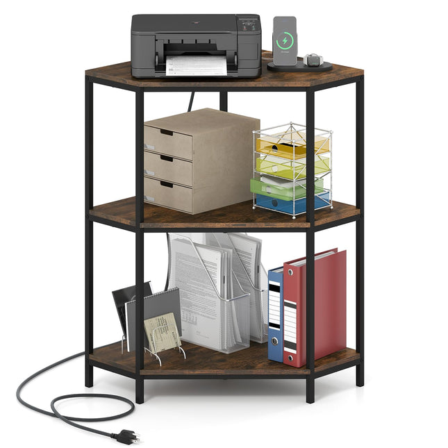 Dreamade Corner Printer Stand 3-Tier Corner Shelf with Charging Station and Metal Frame