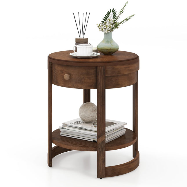 Dreamade Round Side Tables Set of 1/2 | 2-Tier Retro End Tables with Drawer & Shelf
