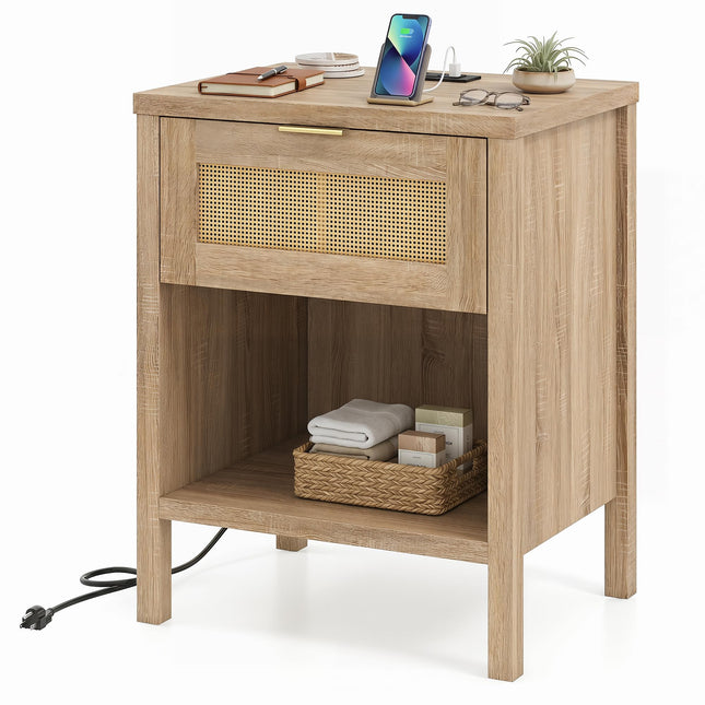 Dreamade Rattan Night Stand with Drawer and Open Shelf (1/2)