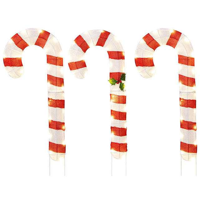 Dreamade Lighted Candy Canes, Set of 3 Christmas Tinsel Candy Cane Decoration with 75 Warm White LED Lights