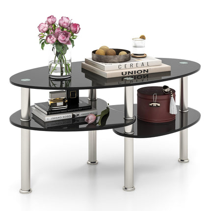 Dreamade Oval Glass Coffee Table - 3-Tier Transparent Tempered Glass Center Table with Metal Stand, 35"× 20" ×18"