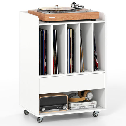 Dreamade Record Player Stand Rolling Turntable Stand with Drawer & Lockable Wheels