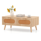 Dreamade Rattan Coffee Table, Mid Century Modern Center Table with 2 Storage Drawers & Back Compartment