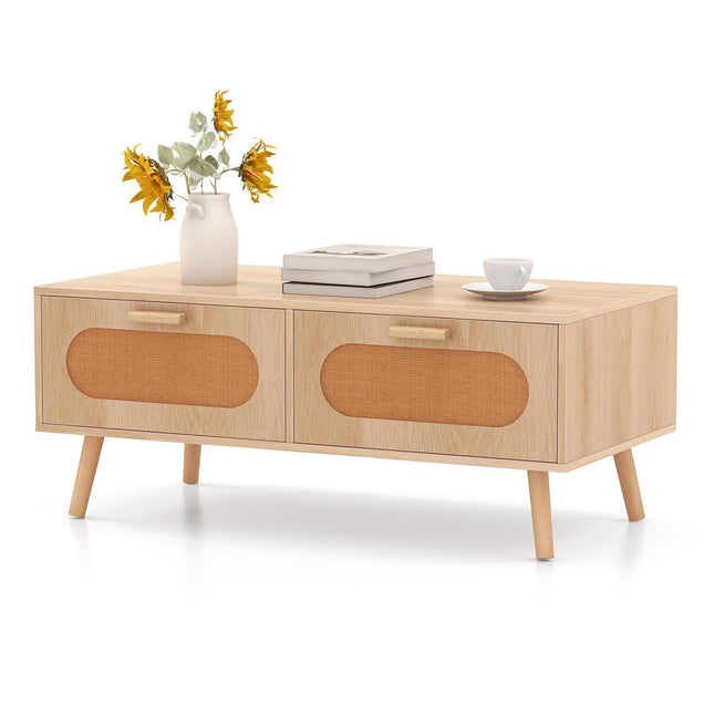 Dreamade Rattan Coffee Table, Mid Century Modern Center Table with 2 Storage Drawers & Back Compartment