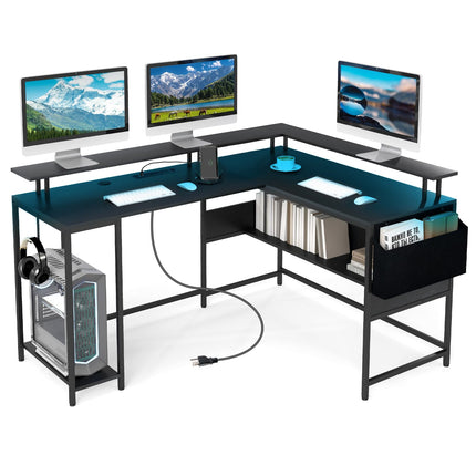 Dreamade L Shaped Desk with LED Light & Power Outlets Ergonomic Home Office Desk