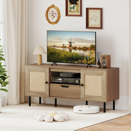 Dreamade Boho TV Stand for 50-60 Inch TV with Storage Cabinets Drawer & PE Rattan Doors