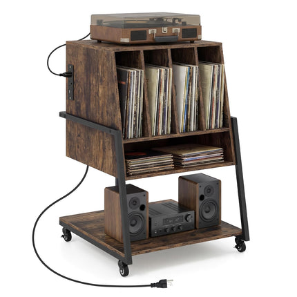 Dreamade Record Player Stand on Wheels | 3-Tier Turntable Stand with Charging Station