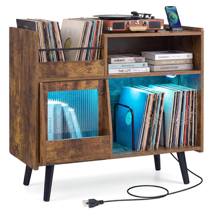 Dreamade Large Record Player Stand with LED Light& Sliding Door