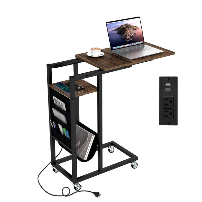 Dreamade C Shaped End Table with Charging Station and Wheels