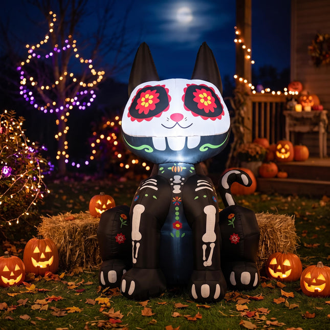 DREAMADE 4ft Halloween Inflatable Lighted Ghost Sugar Skull Cat