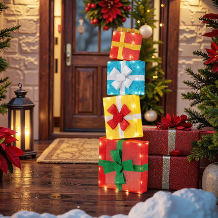 Dreamade 4 Ft Lighted Gift Boxes Stackable, Pre-lit Xmas Boxes Decoration w/LED Lights