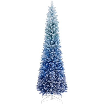 Dreamade 6 FT Blue Gradient Snow Flocked Christmas Tree, Artificial Unlit Hinged Xmas Full Tree with 435 Lush Branch Tips