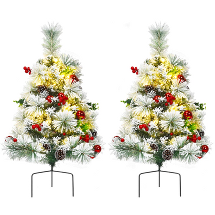 Dreamade 2FT Pathway Christmas Trees Set of 2, Pre-Lit Snow Flocked Xmas Trees with 30 Warm White LED Lights - DreamadeUS