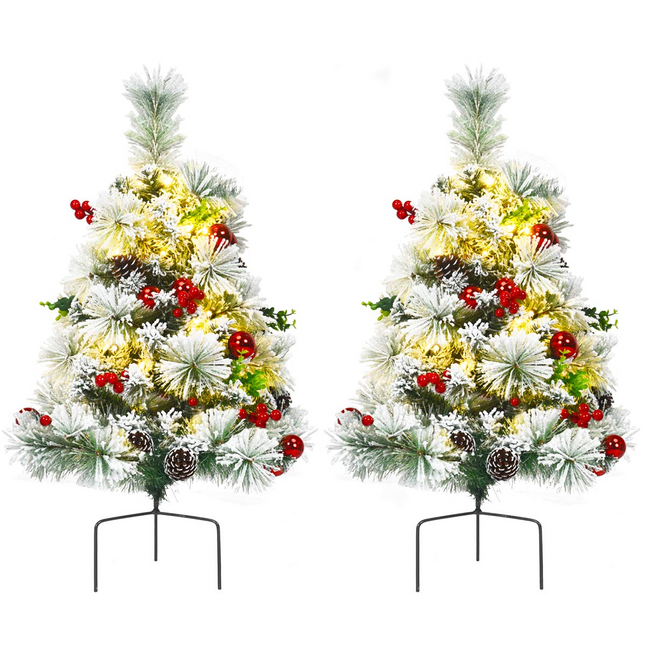 Dreamade 2FT Pathway Christmas Trees Set of 2, Pre-Lit Snow Flocked Xmas Trees with 30 Warm White LED Lights - DreamadeUS