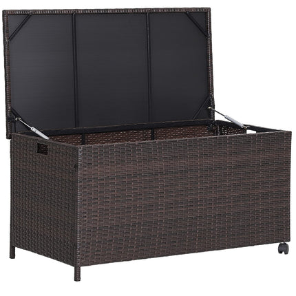 Dreamade Outdoor Wicker Storage Box - 50 Gallon PE Rattan Storage Container with Lid, Mix Brown