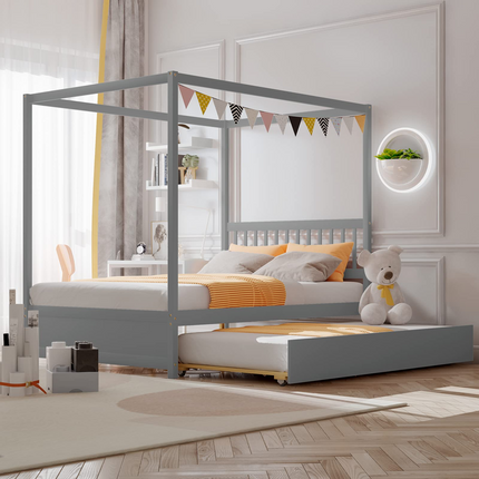 Dreamade Canopy Bed w/ Trundle, Full Size Kids Solid Wood Platform Bed Frame