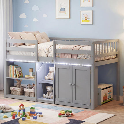 Dreamade Low Loft Bed Twin Size with LED Lights, Wooden Bed Frame