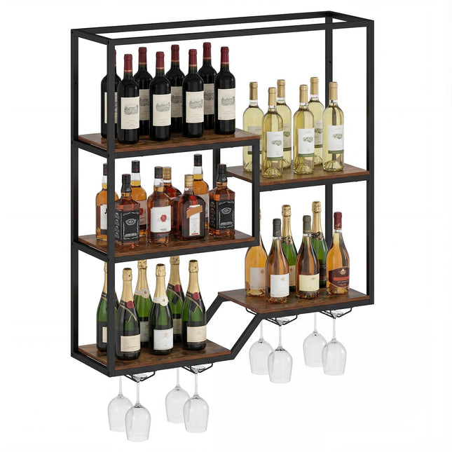 Dreamade Wall Mounted Wine Rack 6-Tier Hanging Bar Shelf with Bottle Display Shelf and Glass Holder