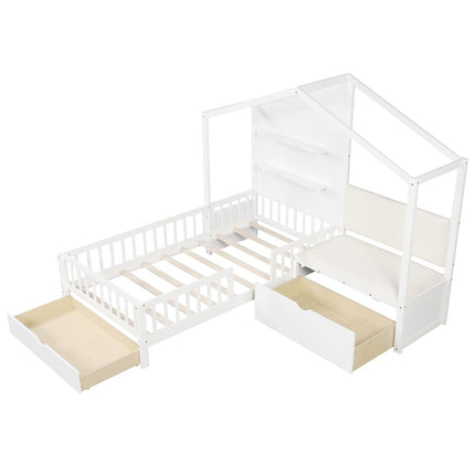 Dreamade Twin House Bed for Kids, Wooden Kids Twin Bed Frame with Padded Bench
