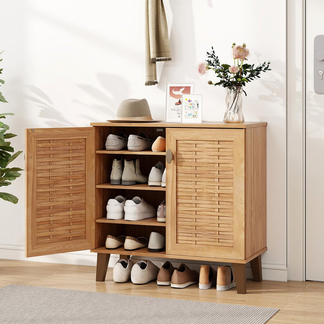 Dreamade Shoe Cabinet with Doors, 4-Tier Farmhouse Shoe Storage Cabinet with 3 Adjustable Shelves