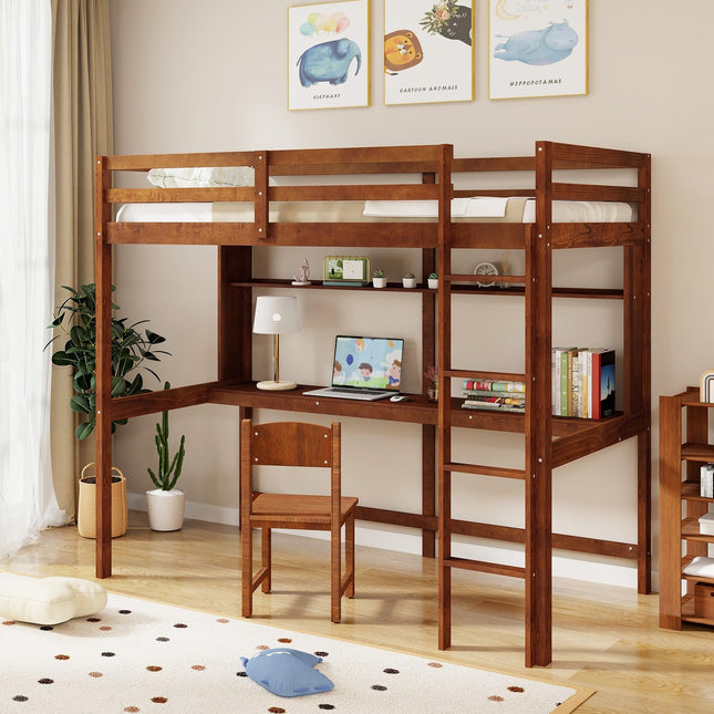 Dreamade Twin Loft Bed with Desk and Bookshelf, Wooden Bed Frame with Safety Guardrail & Ladder