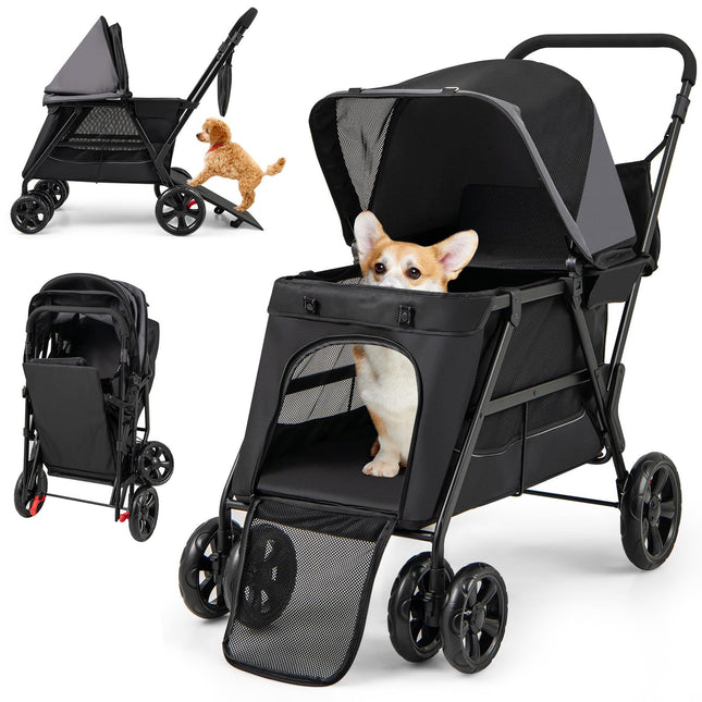 Dreamade Dog Stroller with Low Entry & Ramp Access, Cat Stroller with Lockable & Shock-Absorbing All-Terrain Wheels