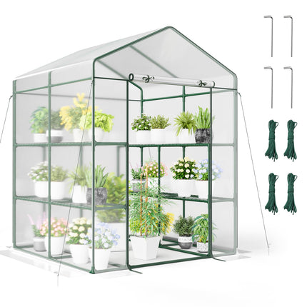 Dreamade Walk-in Greenhouse w/ 3 Tiers 4 Shelves, 4 Ground Stakes & Ropes, PVC Cover