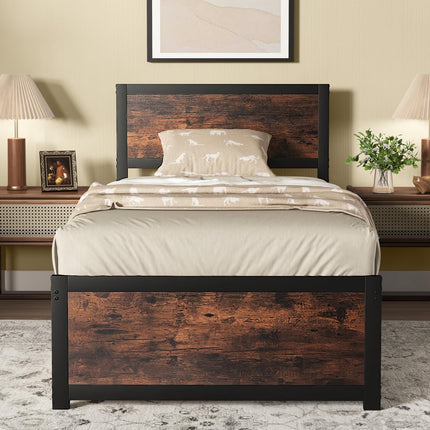 Dreamade Twin Bed Frames for Kids, Industrial Metal Platform Bed with Headboard