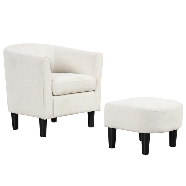 Dreamade Modern Accent Chair with Ottoman, Upholstered Teddy Velvet Barrel Club Chair w/Footrest