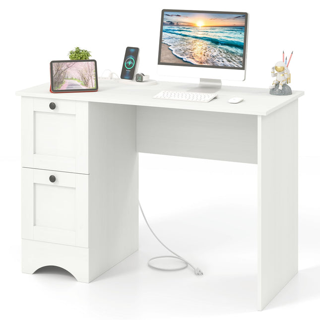 Dreamade White Desk with 2 Drawers, 43” Wooden Home Office Desk with Charging Station
