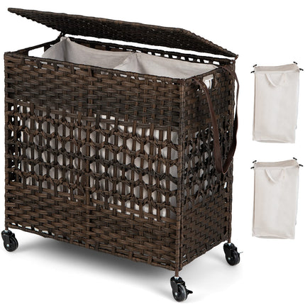 Dreamade Laundry Hamper with Wheels and Lid, 33 Gal (125L) Wicker Laundry Basket, 2 Removable Liner Bags