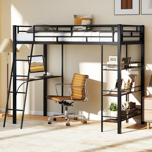 Dreamade Twin Size Loft Bed with Desk & Shelves for Kids
