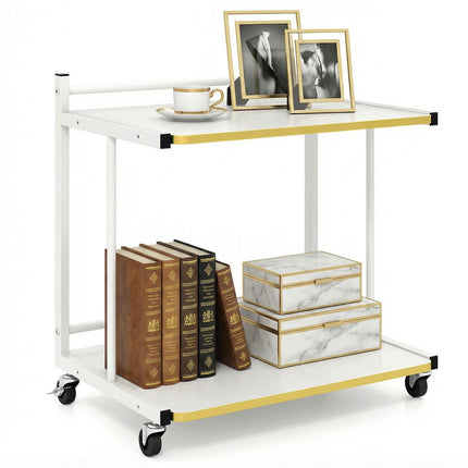 Dreamade Mobile C-Shaped End Table - 2-Tier Sofa Couch Bed Side Table w/Open Storage Shelves & Golden Edge Banding