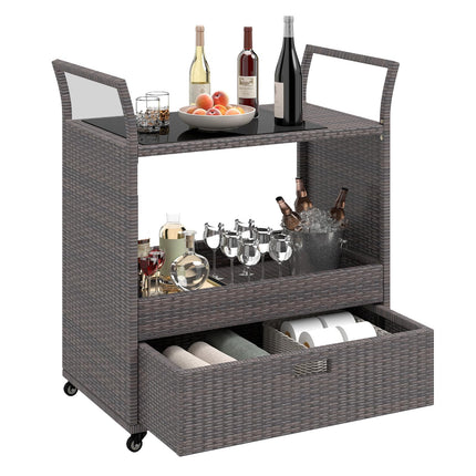 Dreamade Rolling Wicker Cart W/Shelves and Big Drawer for Dining Room