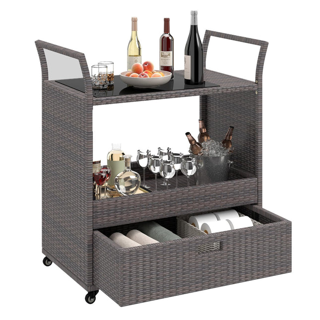 Dreamade Rolling Wicker Cart W/Shelves and Big Drawer for Dining Room