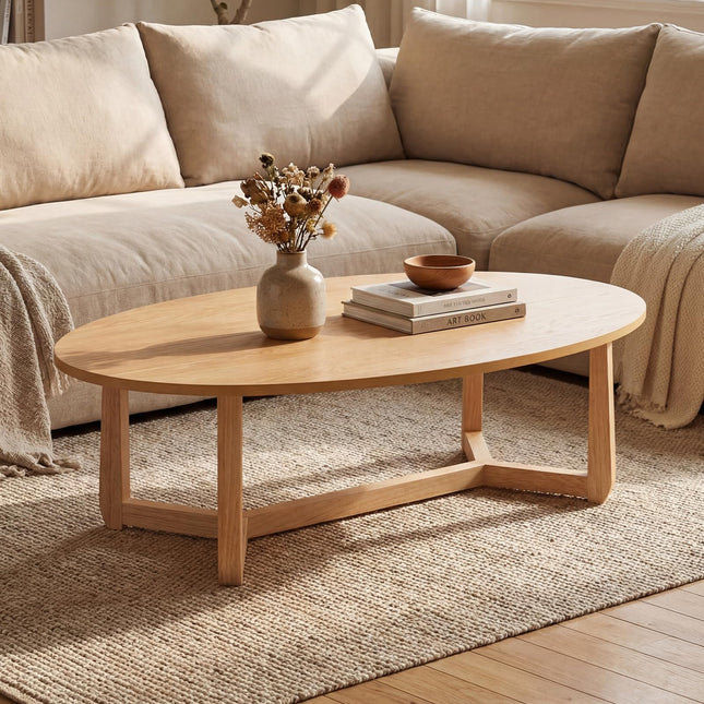 Dreamade 46'' Oval Coffee Table hickened Top & Solid Rubber Wood Frame